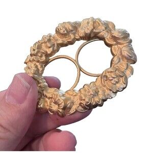 Vintage Victorian Revival Brass Repousse Floral Hinged Double Scarf Clip